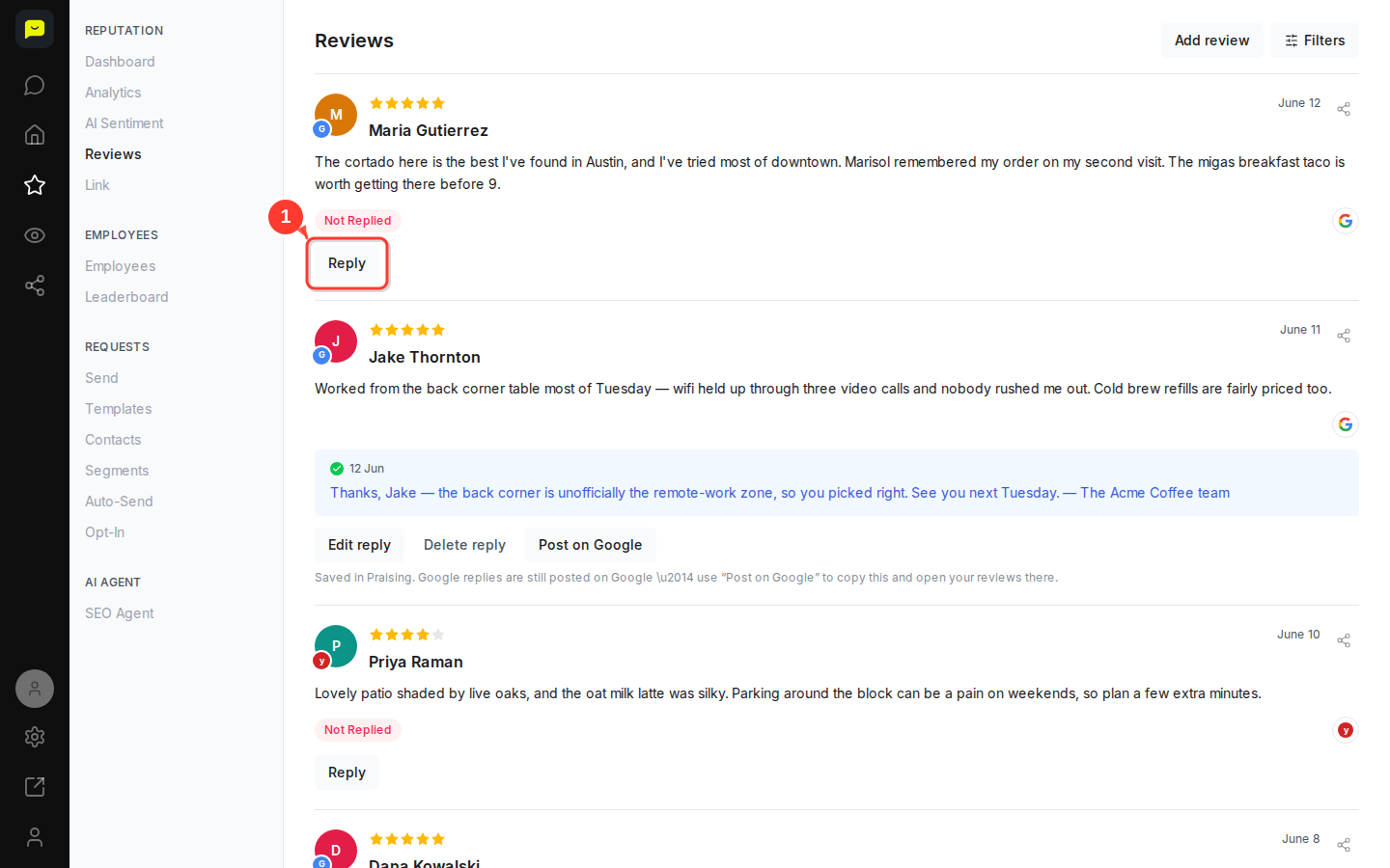 The Reply button under a review