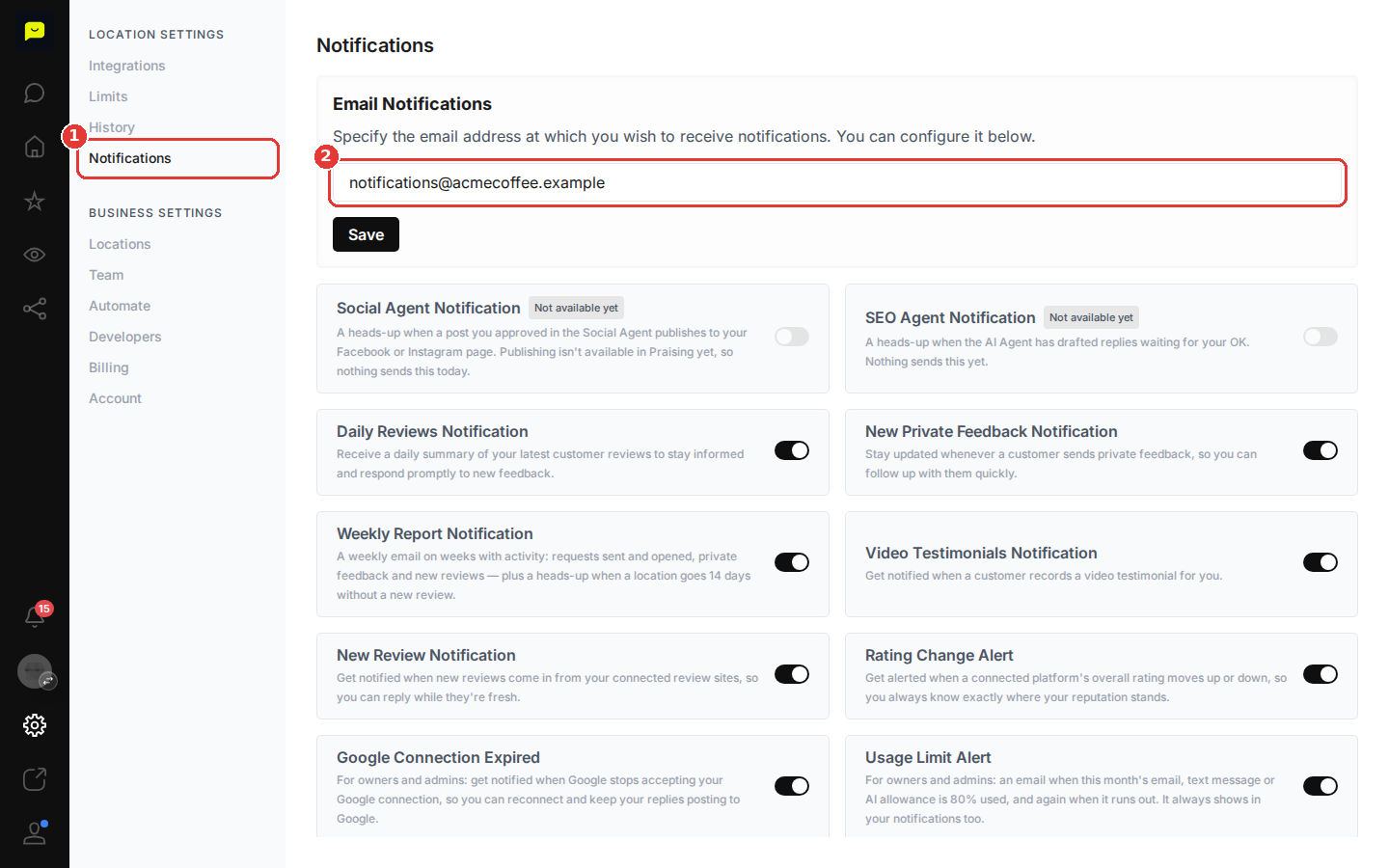 The Notifications page under Settings, with the notification email field highlighted