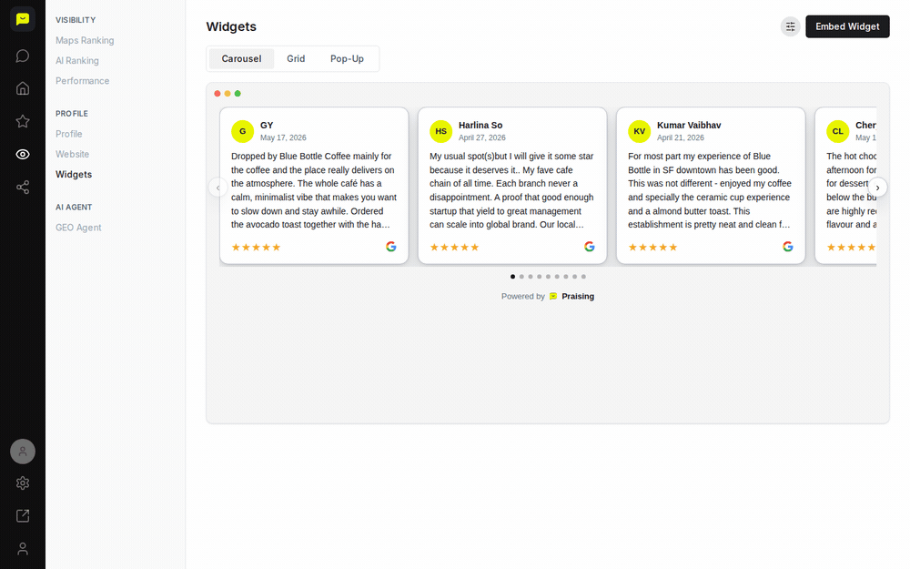 Switching to the Pop-up tab on the Widgets page