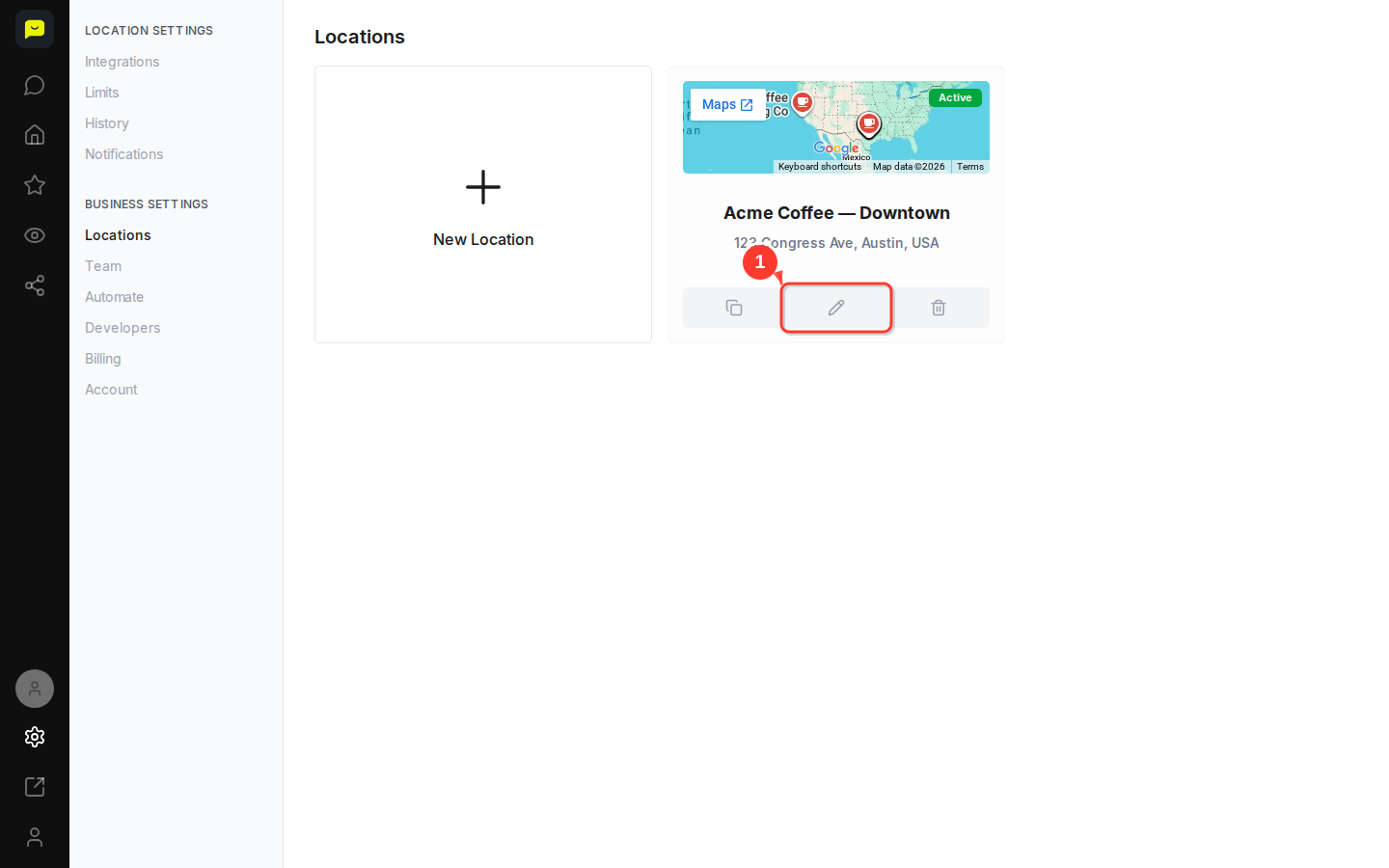 The pencil (Edit location) button on the Acme Coffee location card