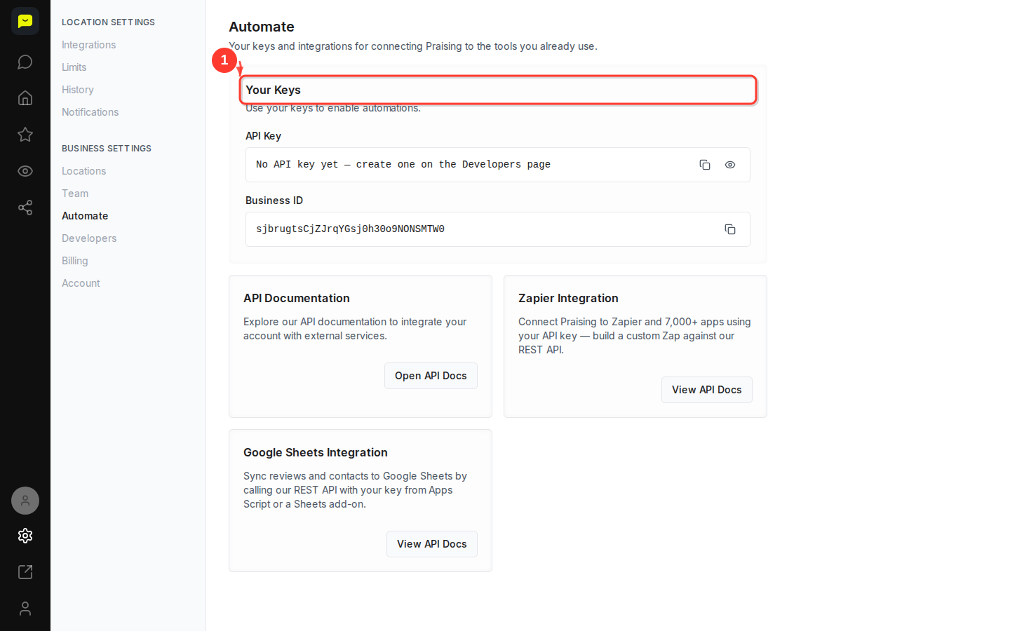 The Your Keys card on the Automate page