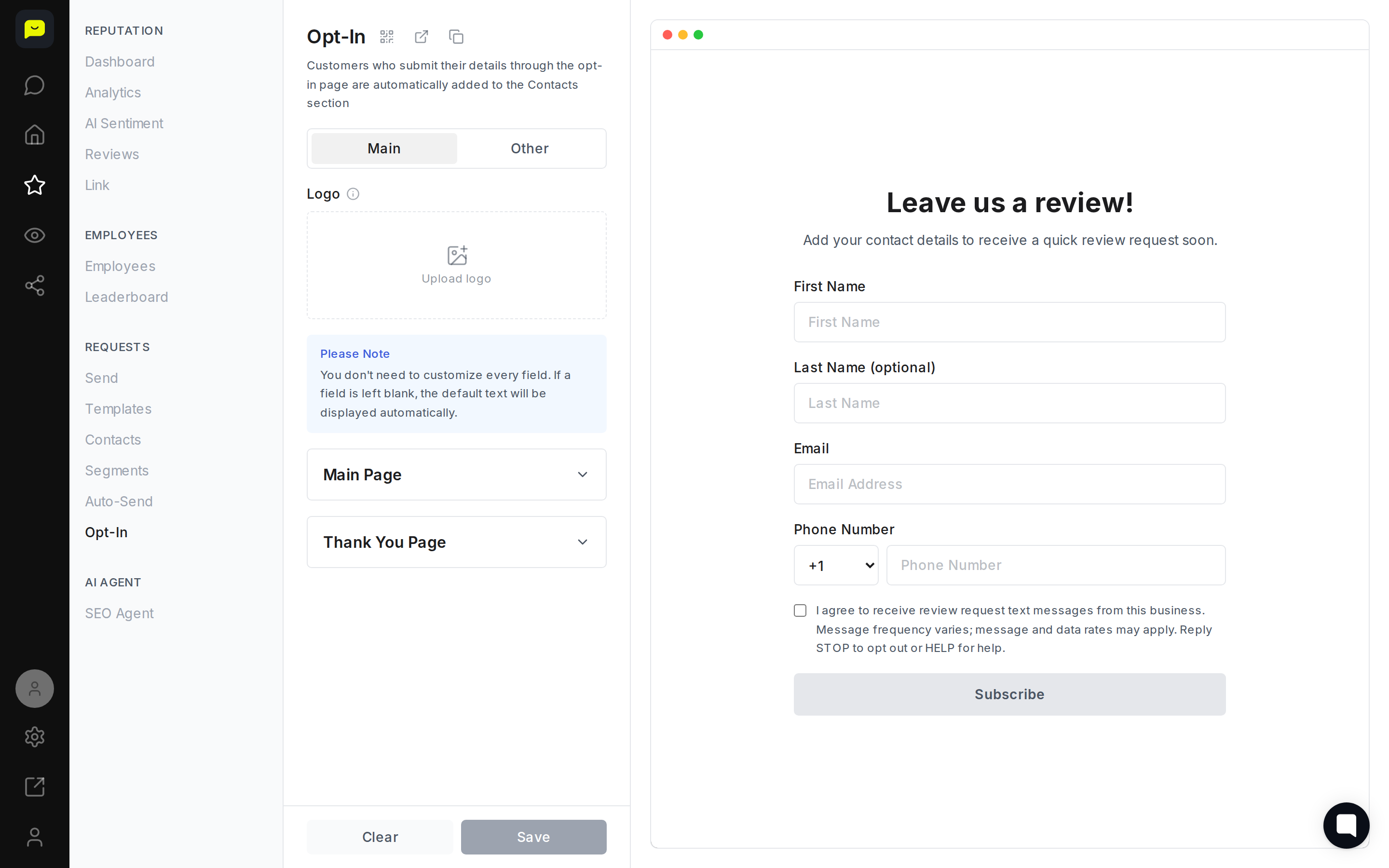 The Opt-In editor — the Main and Other tabs, logo upload, Main Page and Thank You Page, with a live preview of the page customers see