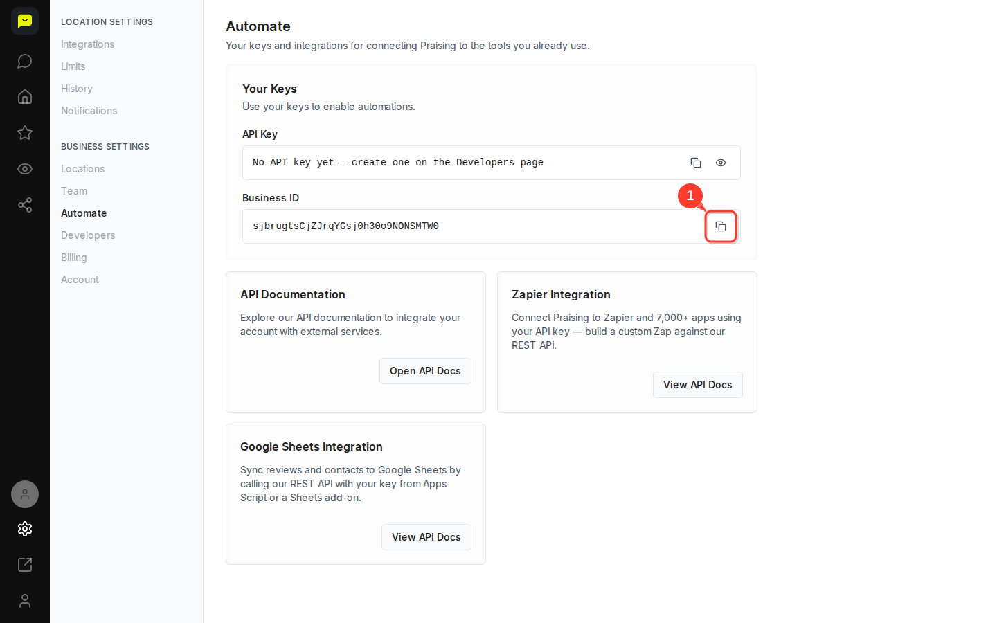 The Business ID field and its copy icon