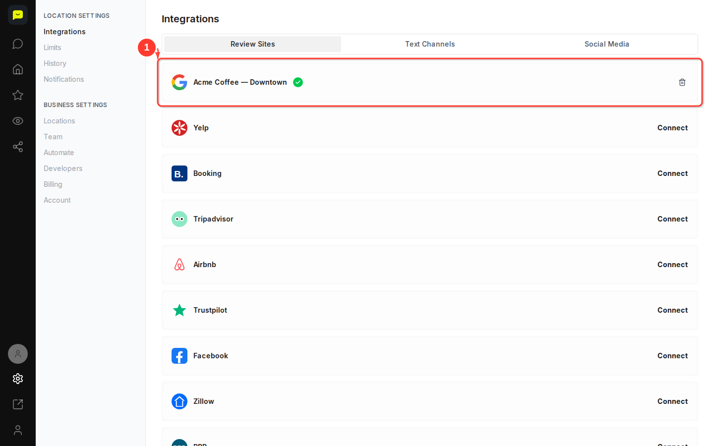 The Review Sites tab with a connected Google listing