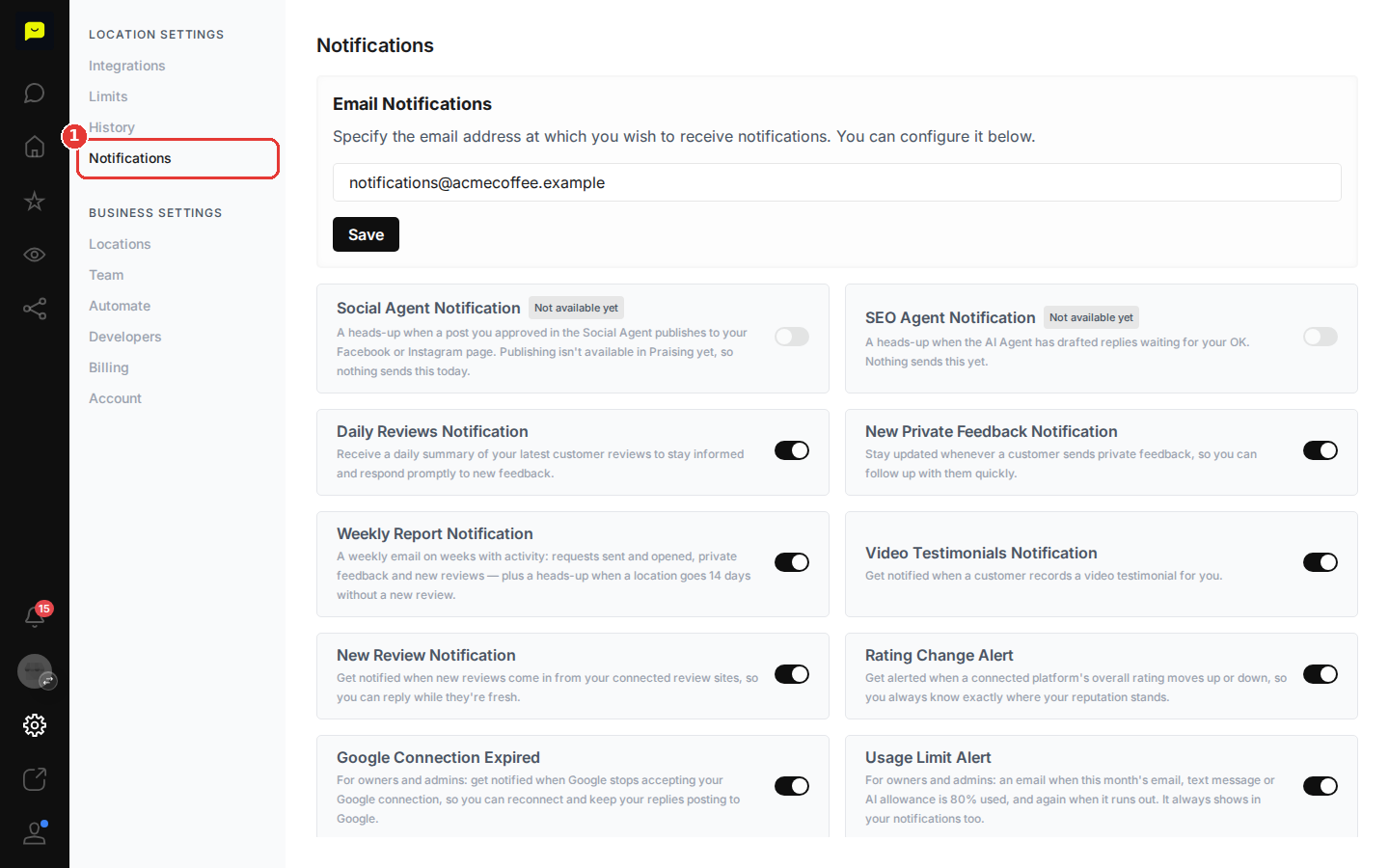 Notifications in the Settings menu
