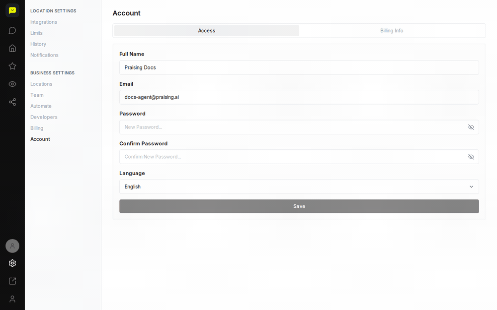 The Billing Info tab on the Account page