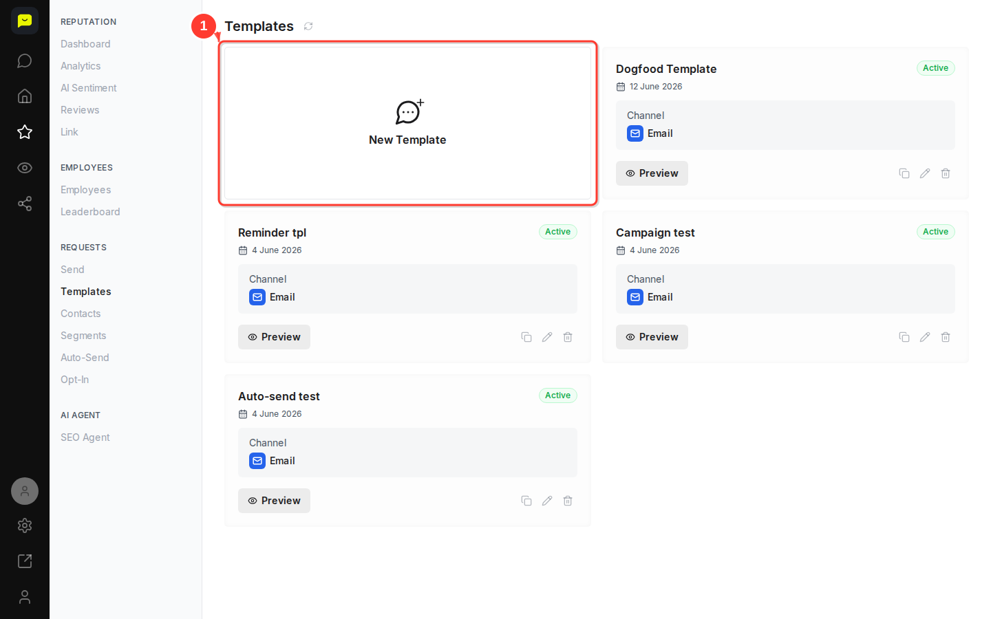 The Templates page, with the New Template card highlighted