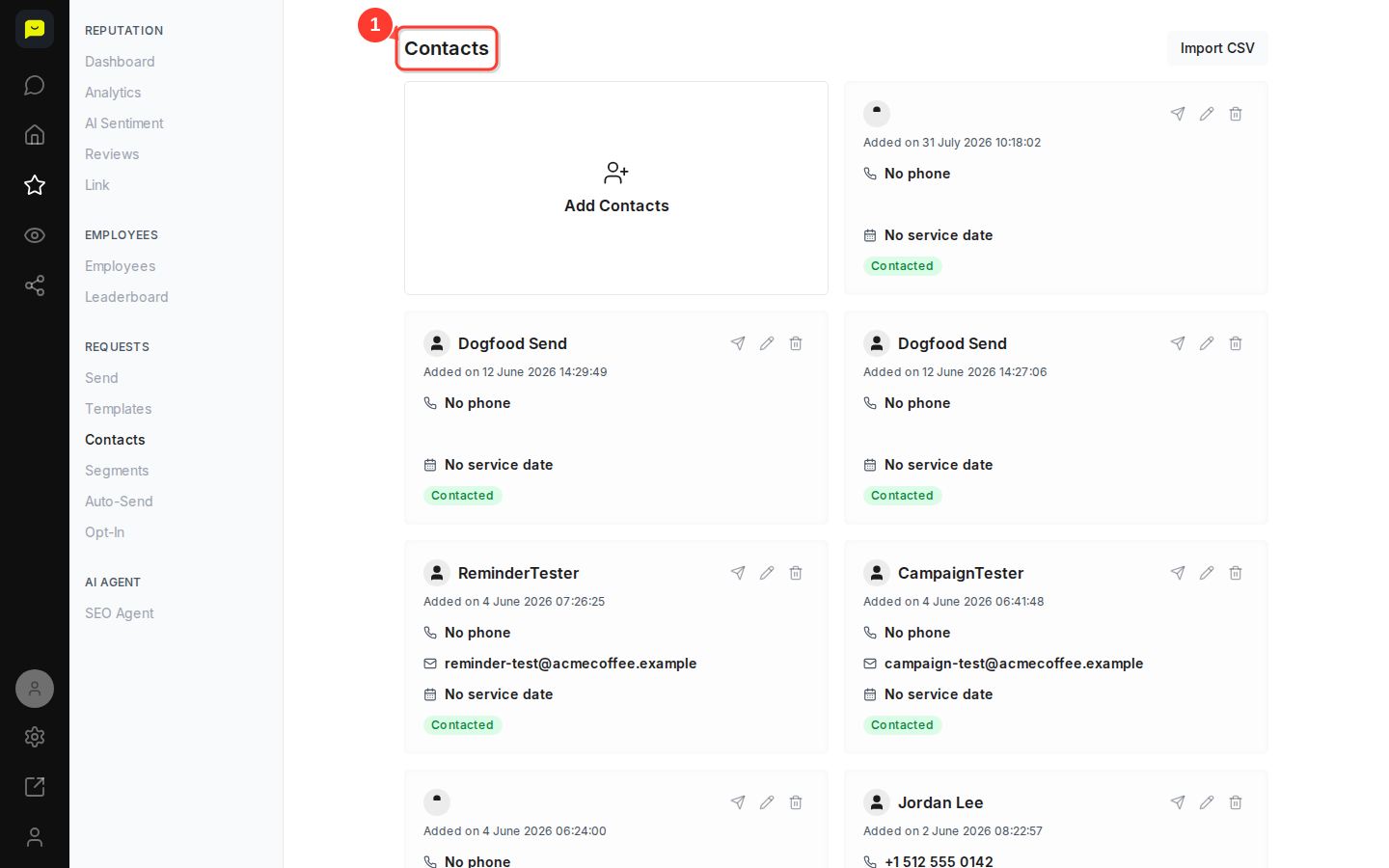 The Contacts page, opened from the Reputation menu