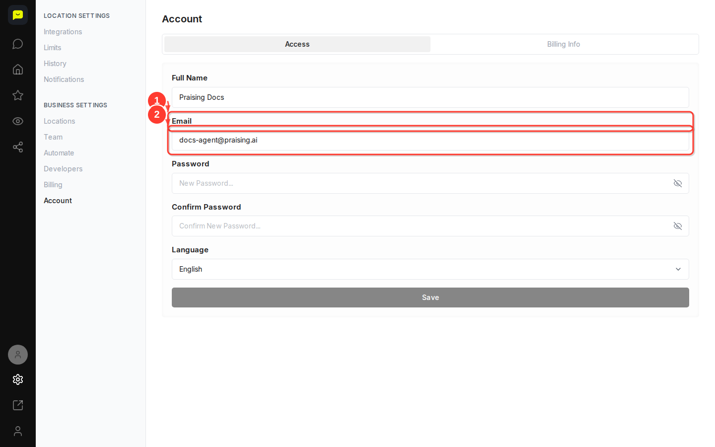 The Email field on the Access tab