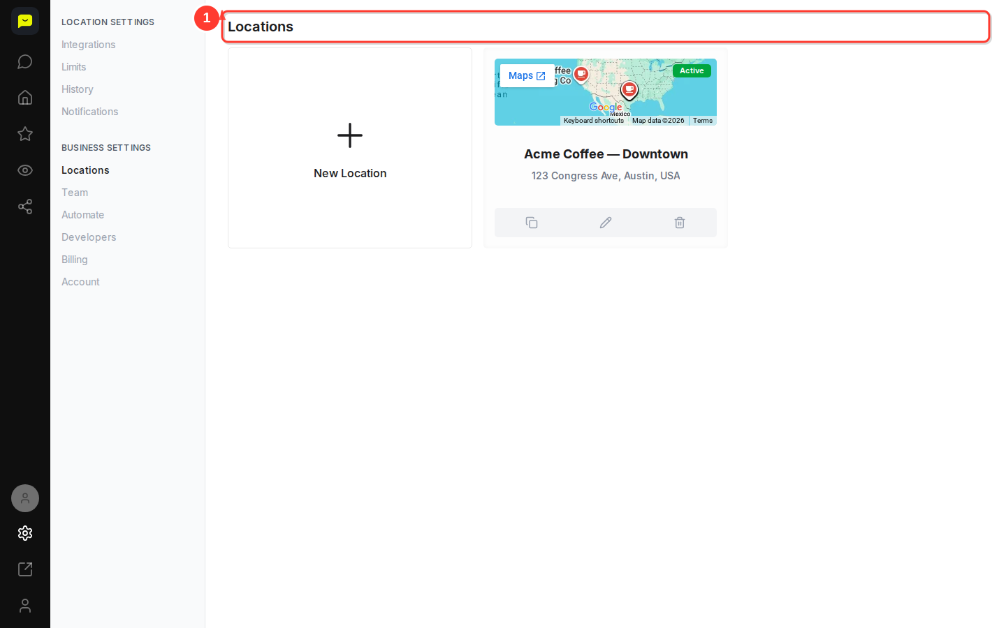 The Locations page under Settings, showing the Acme Coffee location card