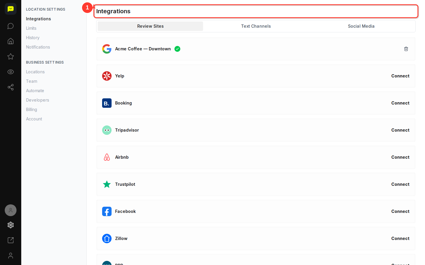 The Integrations item under Location Settings in the Settings menu