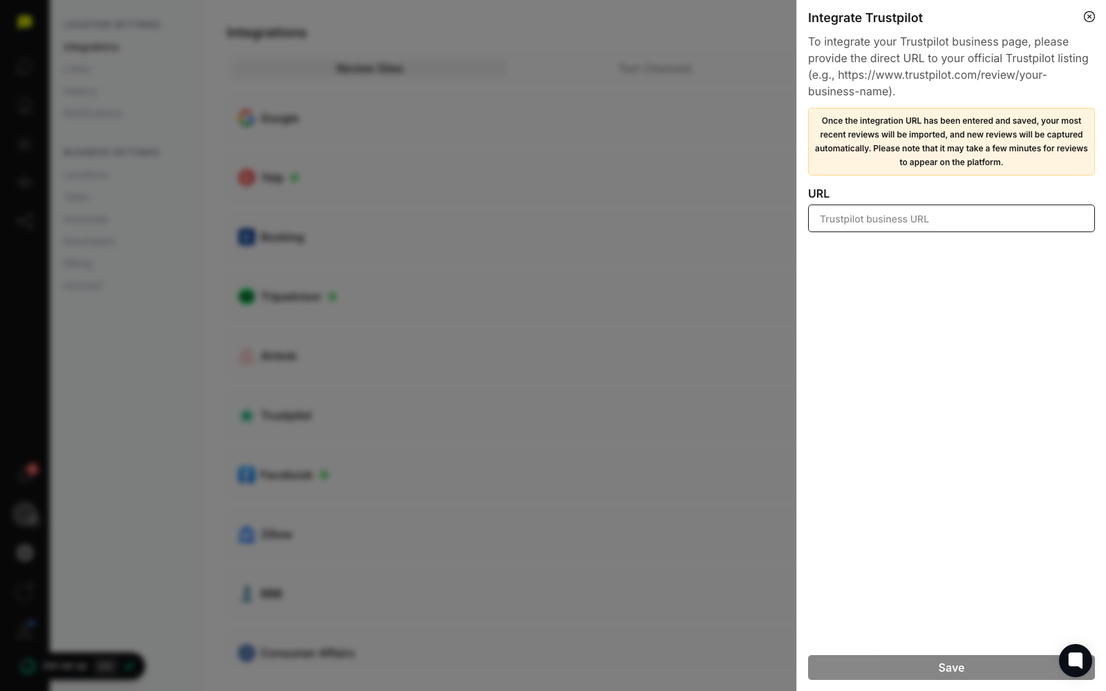 Connecting Trustpilot under Settings → Integrations in Praising