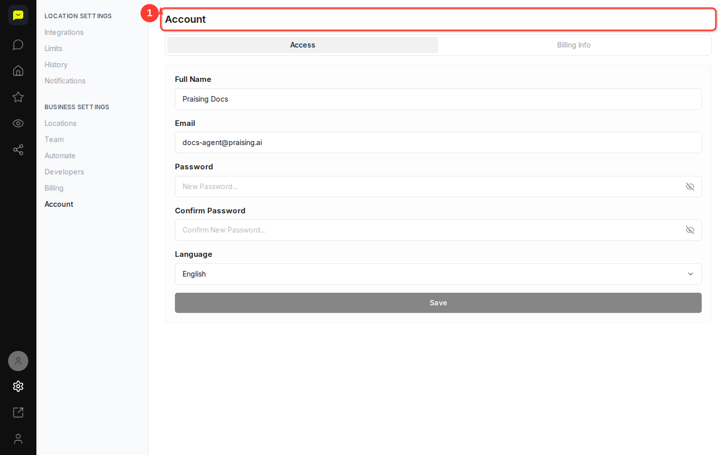 The Account item under Business Settings in the Settings menu