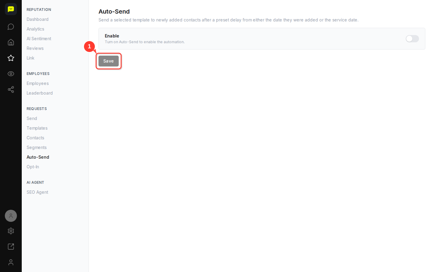 The Save button on the Auto-Send page