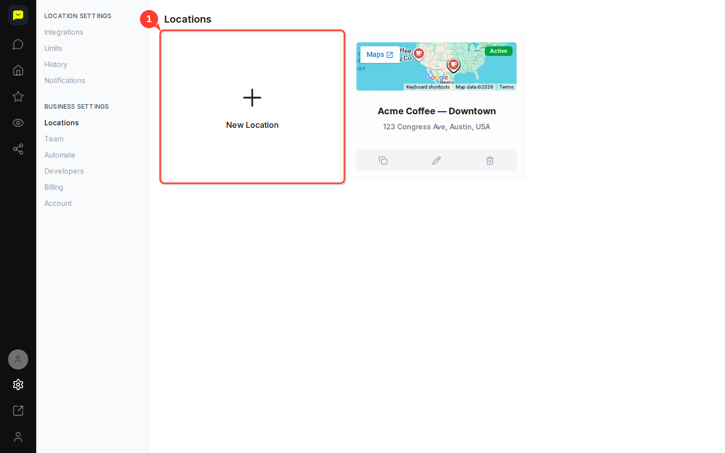 The New Location tile at the start of the Locations page