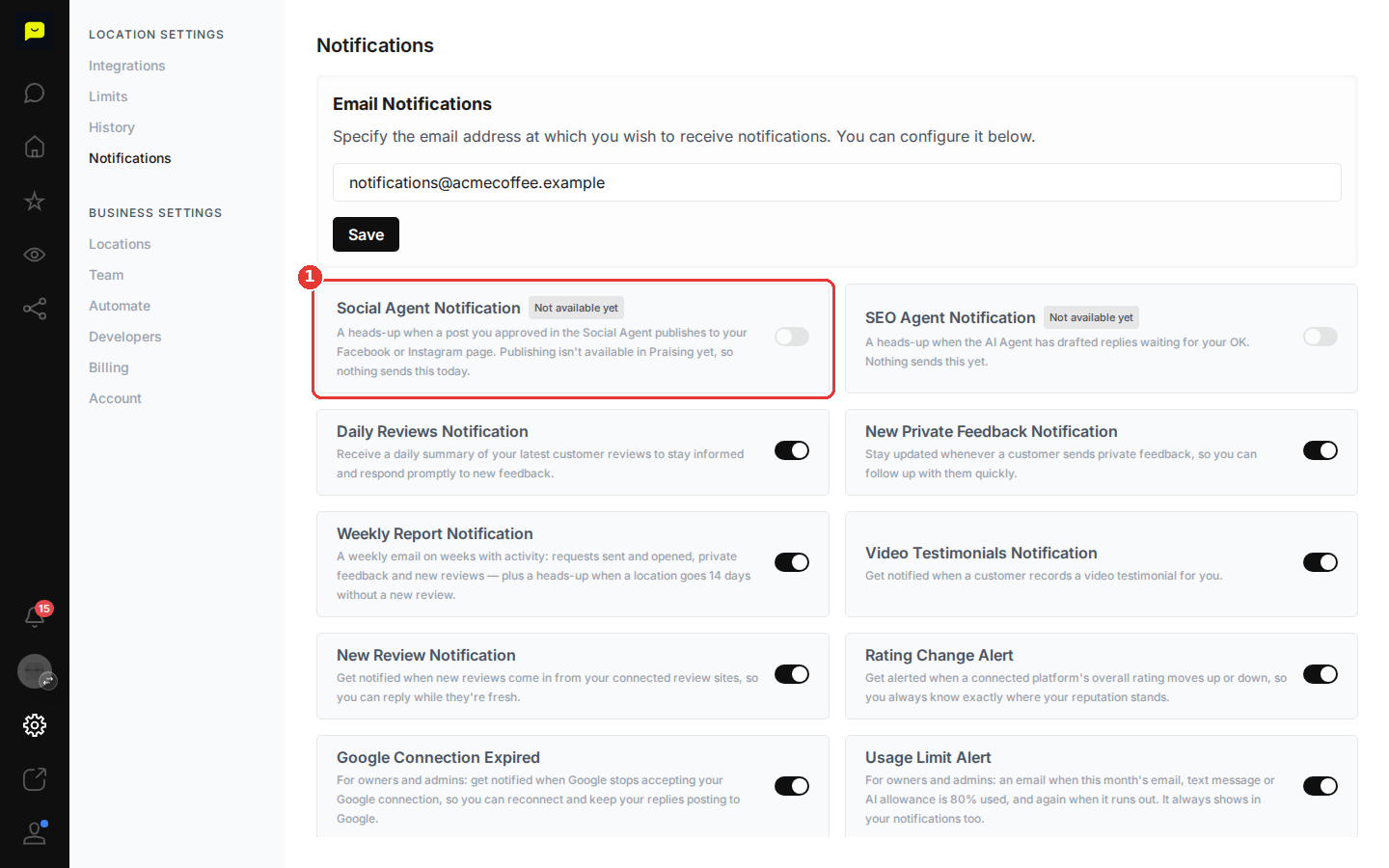 The list of notification switches, starting with the Social Agent Notification, marked Not available yet
