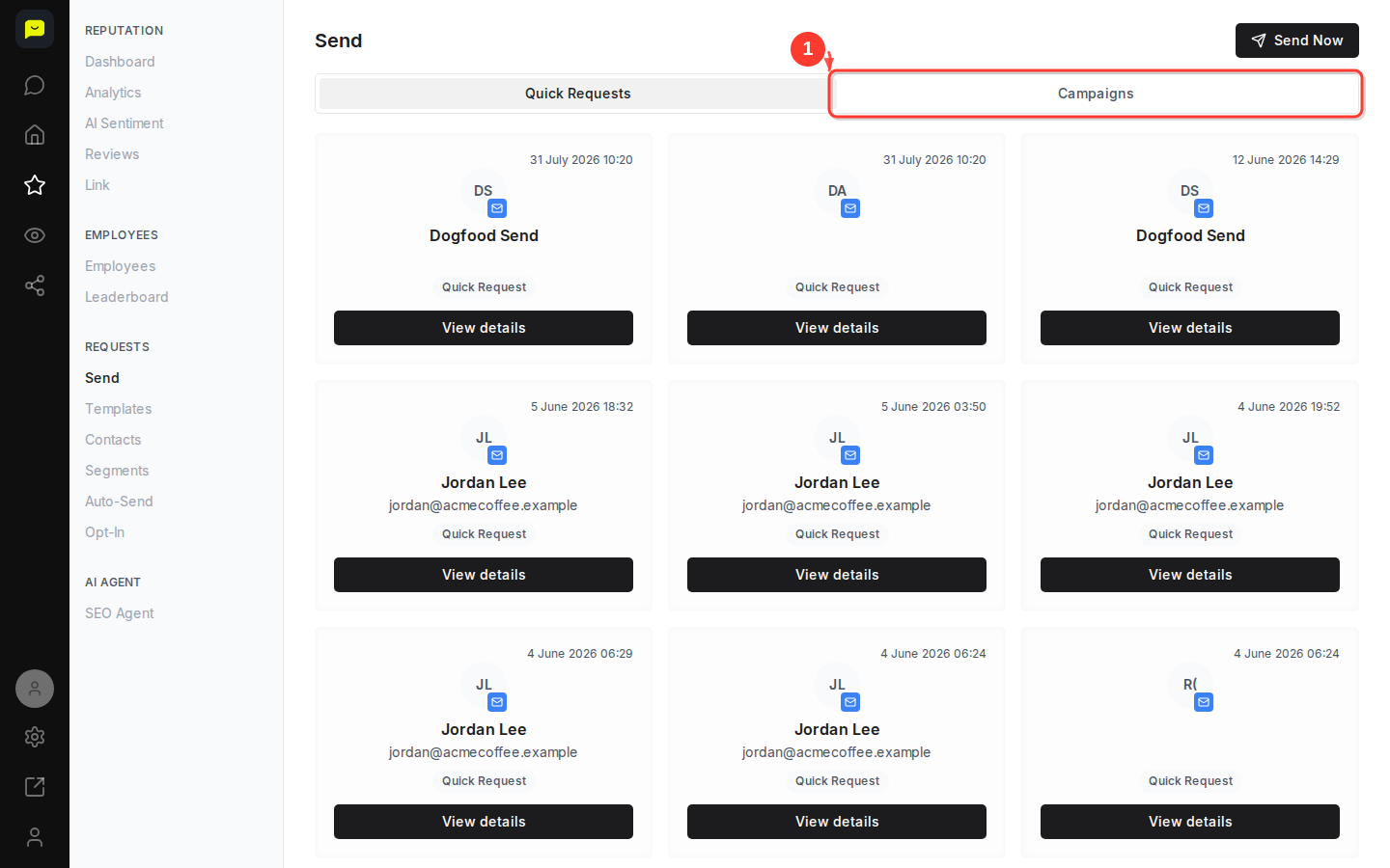 The Campaigns tab on the Send page