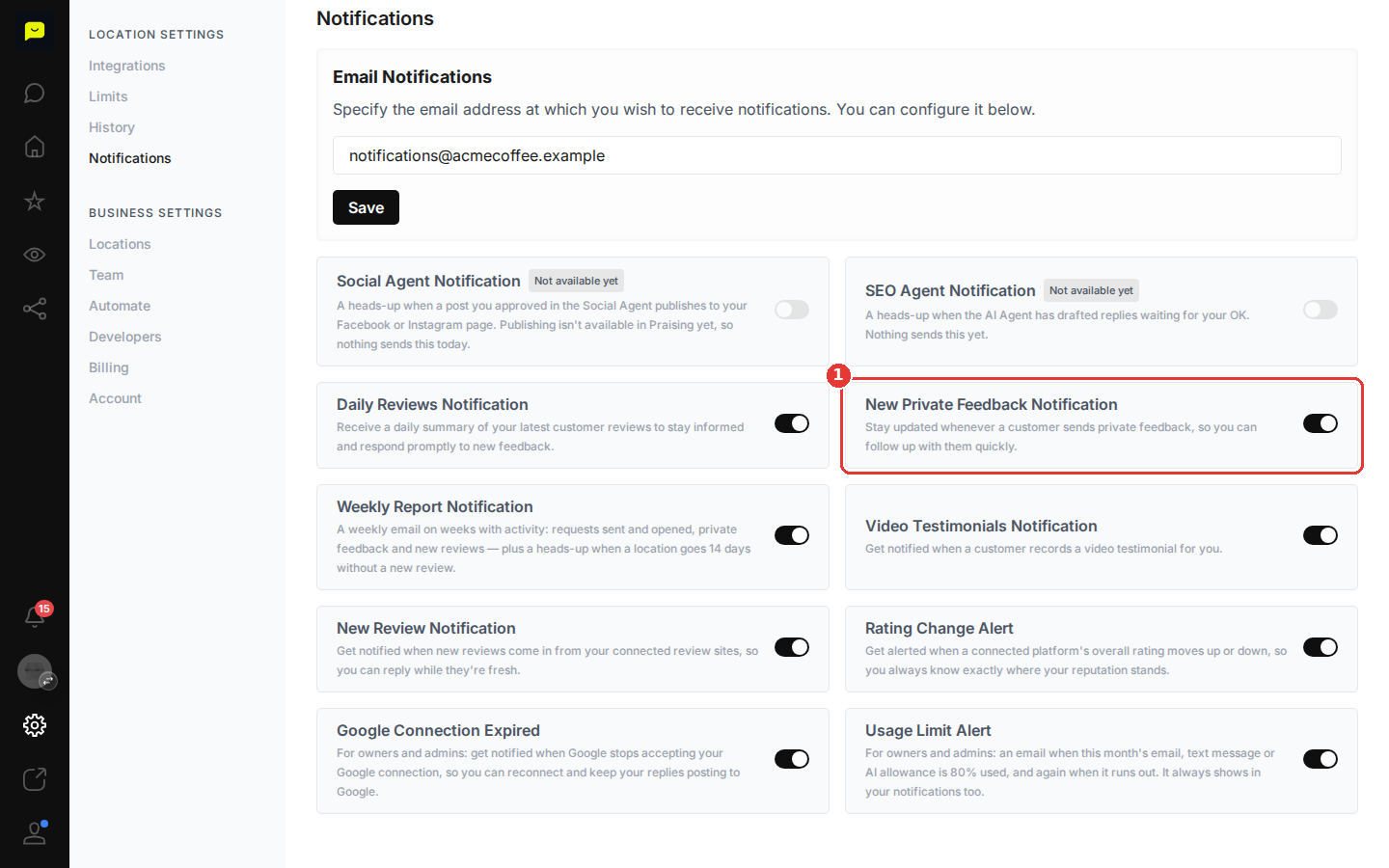 The New Private Feedback Notification switch, turned on