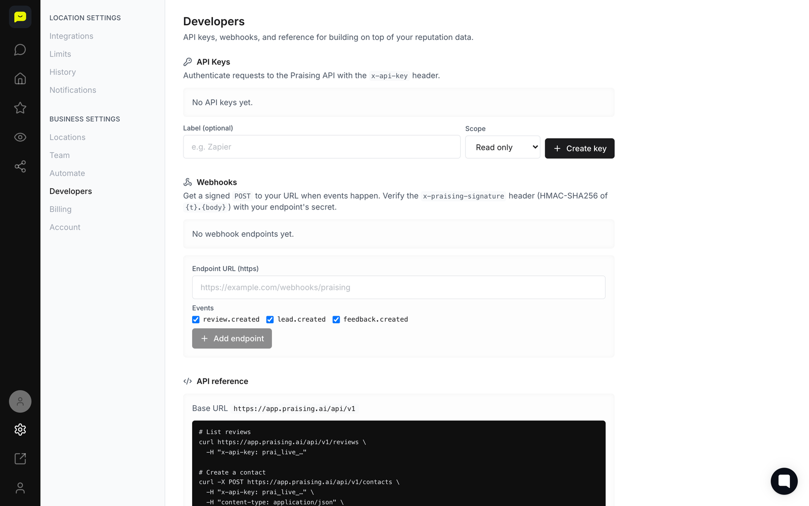 The Developers settings page in Praising, with API keys and webhooks