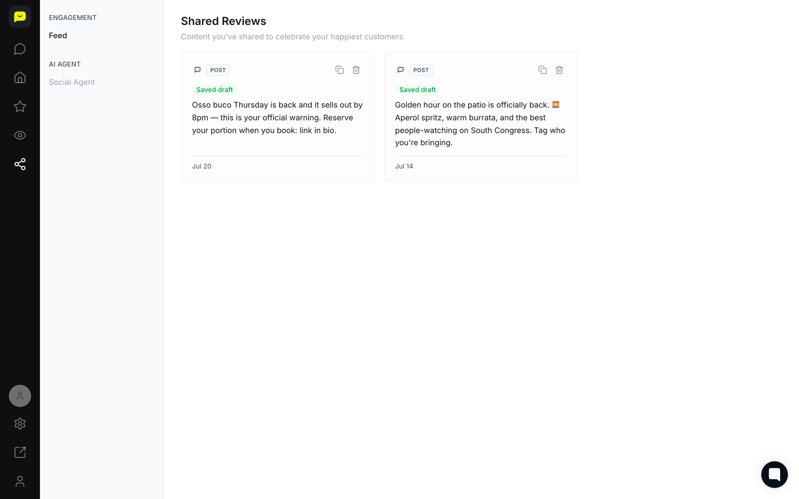 The Engagement feed, where a review can be published as a post