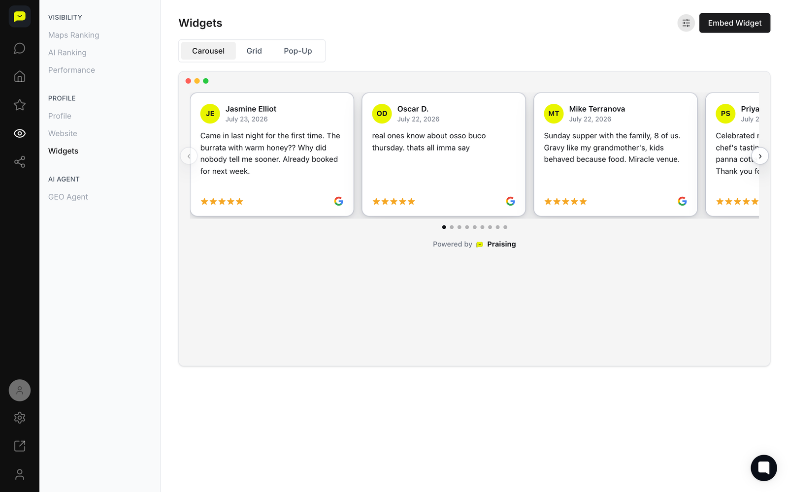 Praising's widget builder, where a testimonial widget is created and embedded