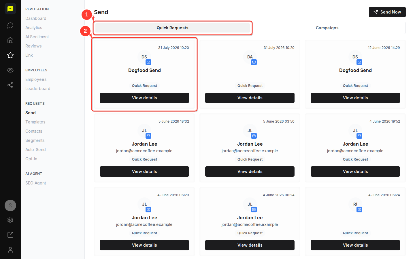 The Quick Requests list of sent requests, below the tabs on the Send page