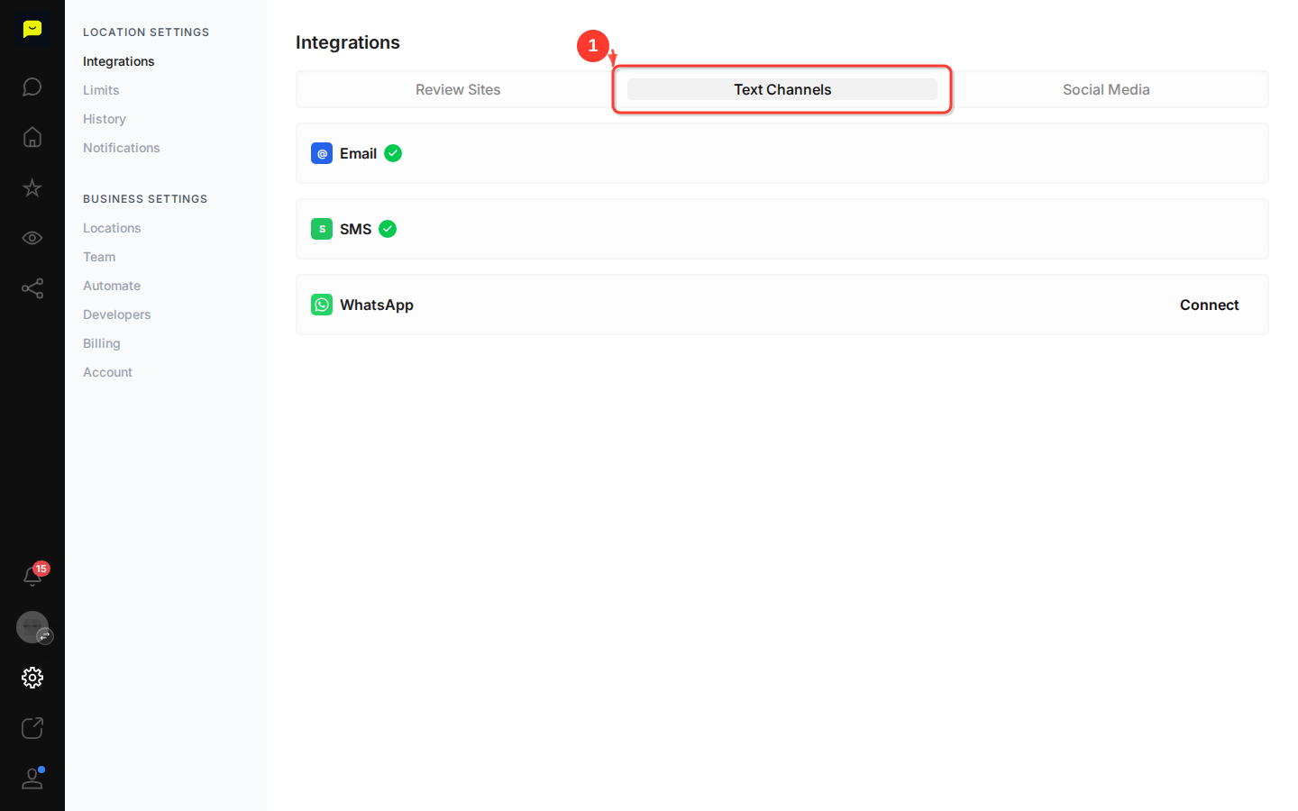 The Text Channels tab: Email and SMS are active, WhatsApp shows a Connect button