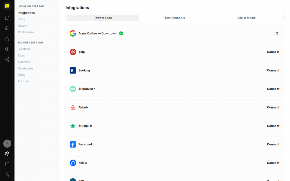 The Text Channels tab on the Integrations page
