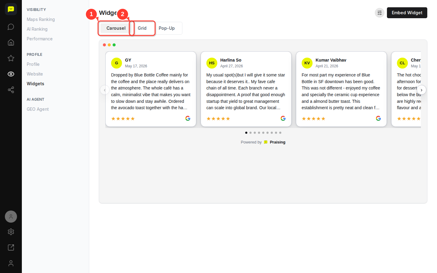 The widget type tabs at the top of the Widgets page