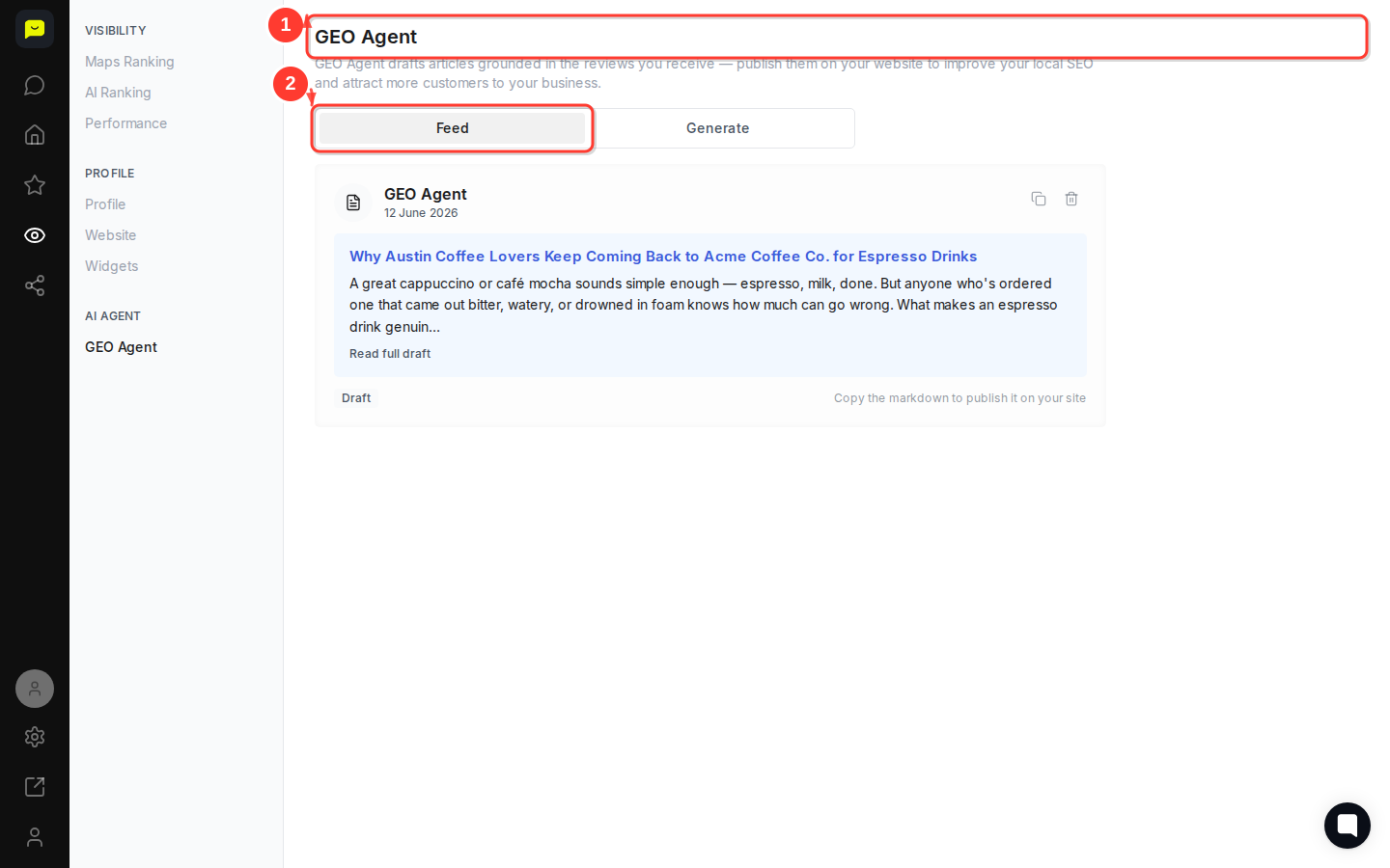 The GEO Agent page with its Feed and Generate tabs