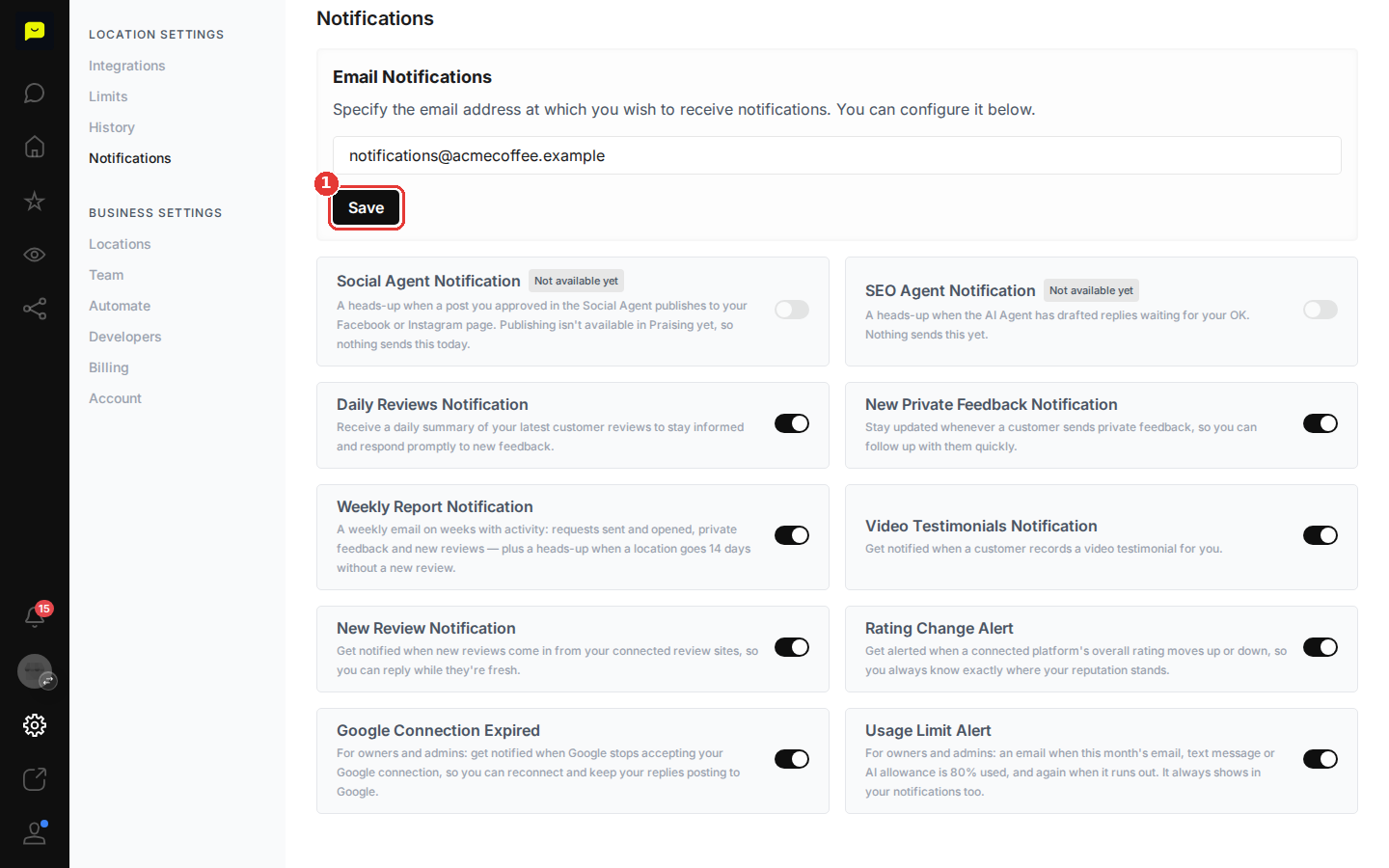 The Save button under the notification email field
