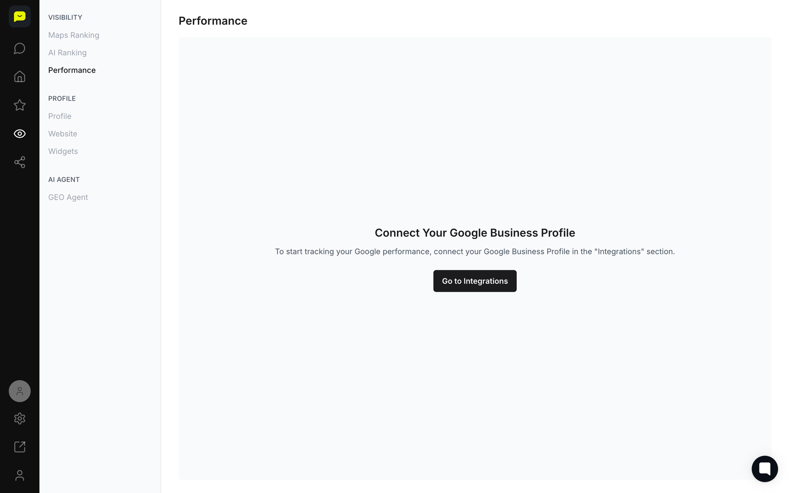 The Google Performance page in Praising, showing Maps, Search and Business Profile stats