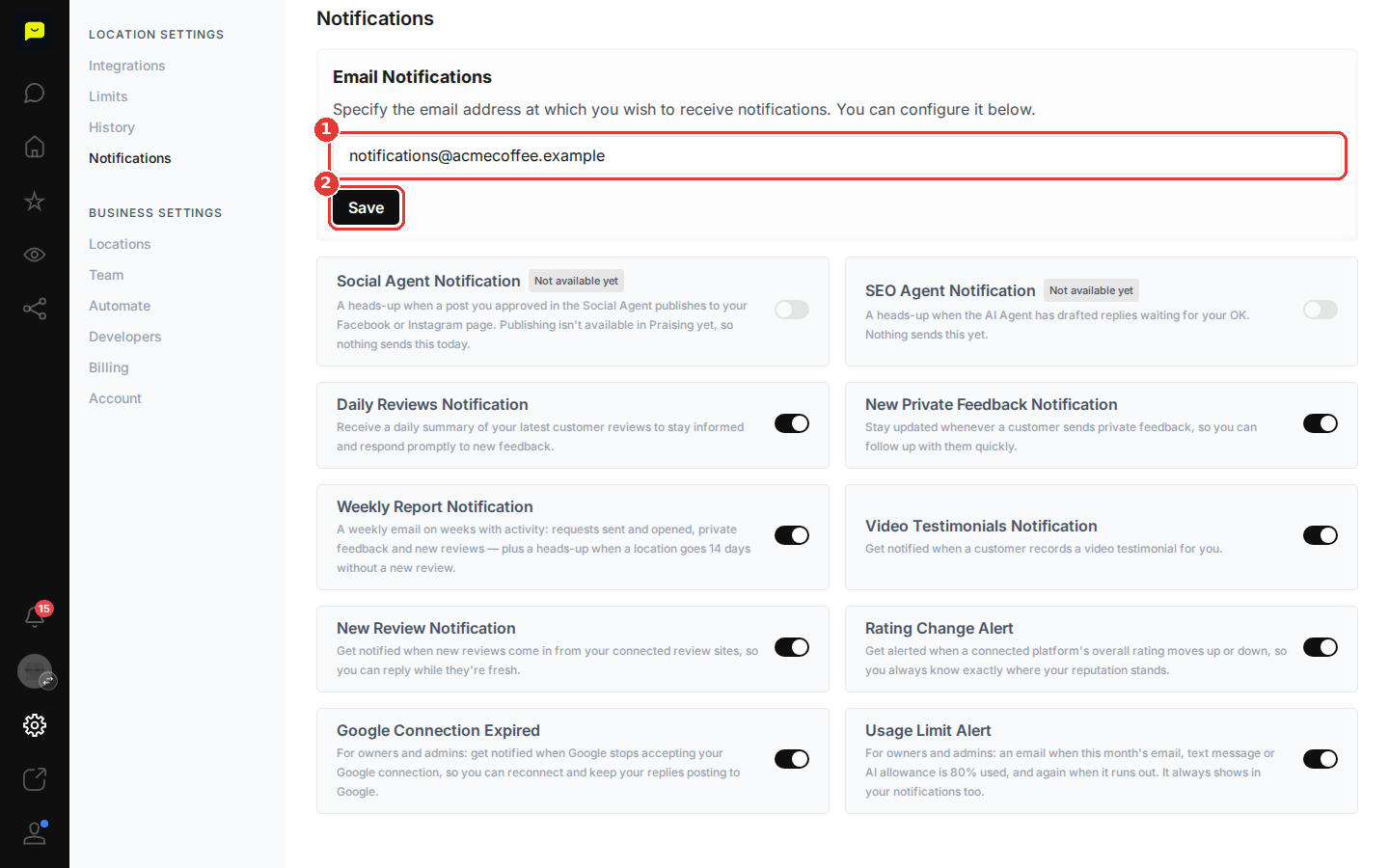 The notification email field and its Save button