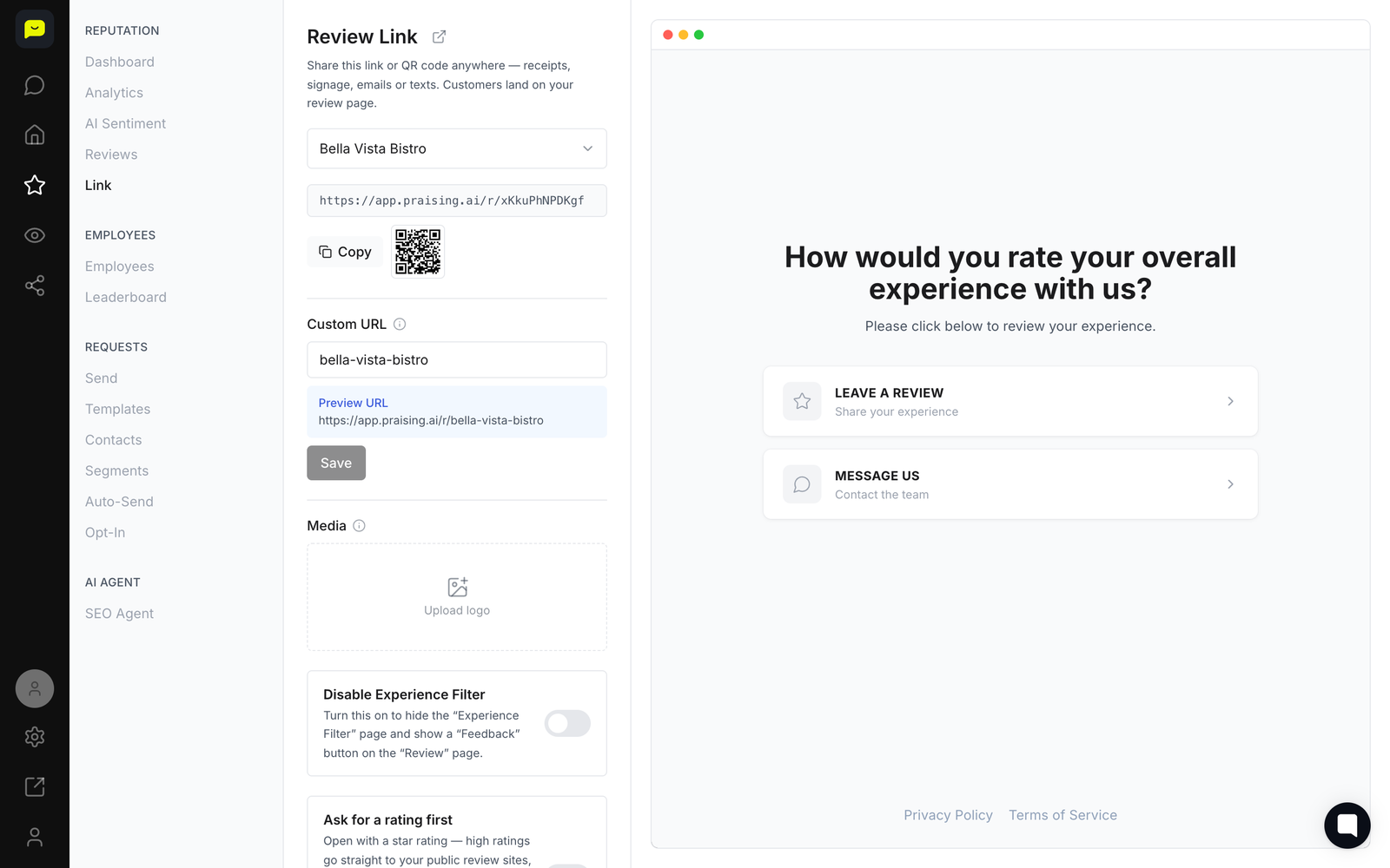 Praising's review link, the page customers use to leave a testimonial