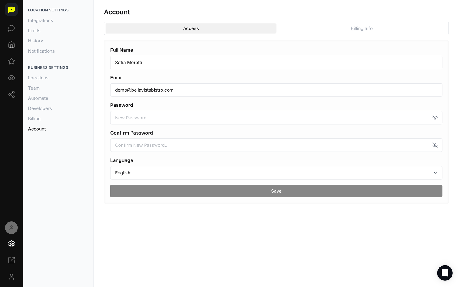Account settings in Praising, where the dashboard language is set
