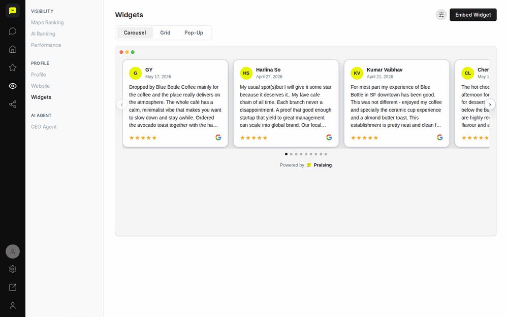 Clicking the Embed Widget button