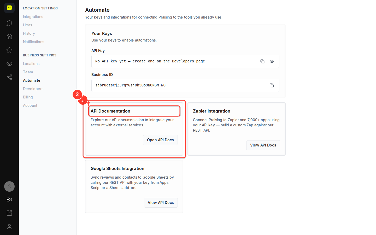 The API Documentation card with its Open API Docs button