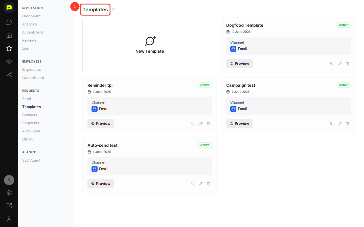 The Templates page, opened from the Reputation menu
