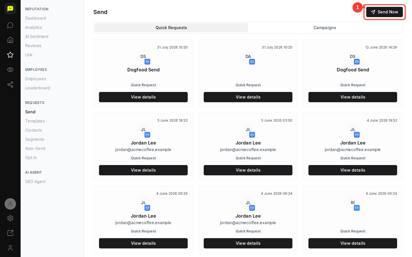 The Send page, with the Send Now button highlighted