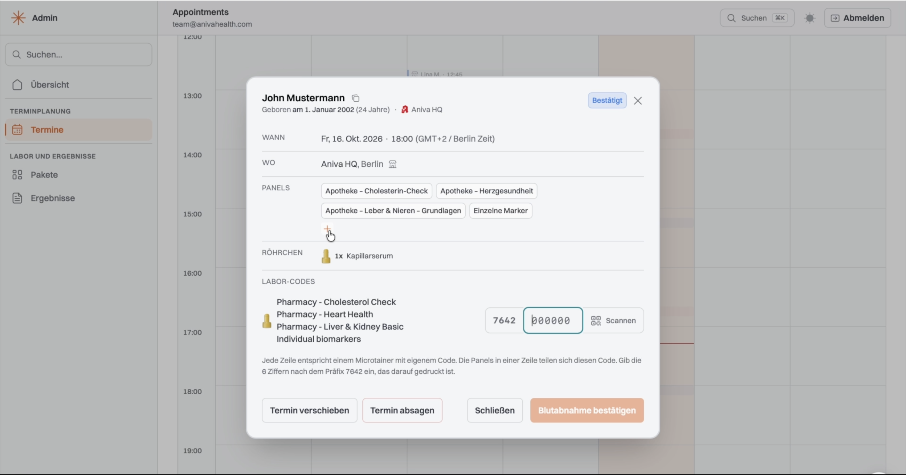 Appointment with lab code field