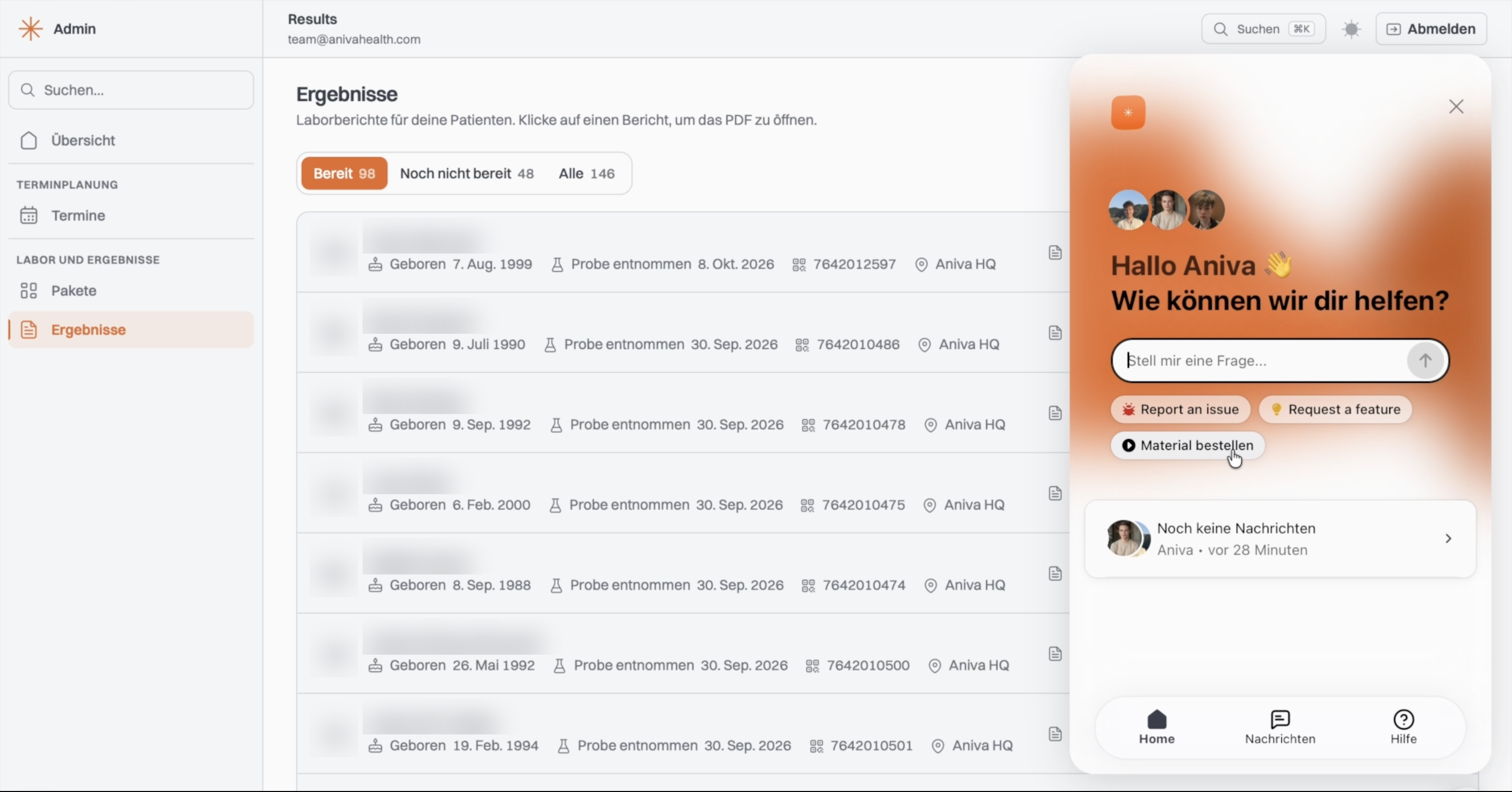 Chat window with Material bestellen