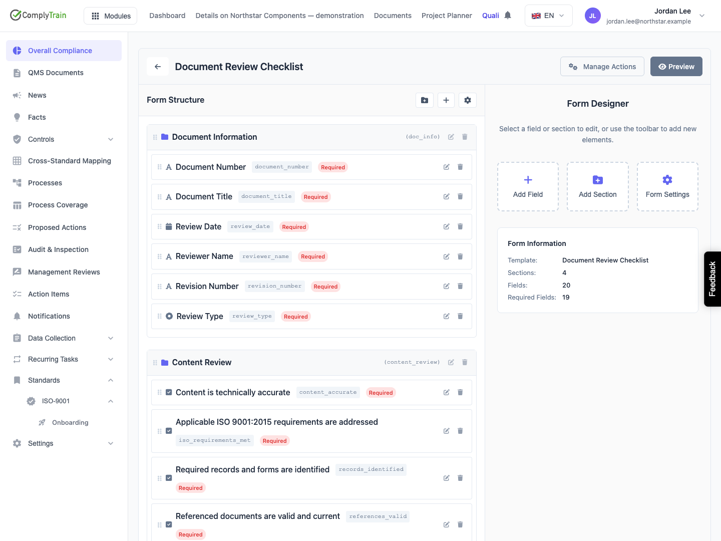 The checklist form builder Form Structure shows the original twenty fields and four sections. Add Field, Add Section, Form Settings, Preview and Manage Actions have separate roles.