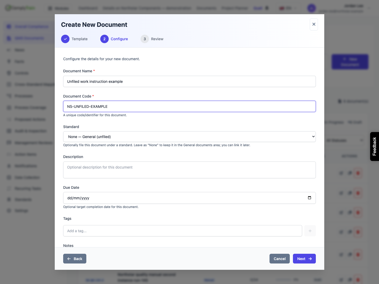 General blank path defaults to unfiled The Standard selector defaults to None — General (unfiled). This inspected form was cancelled rather than saved.