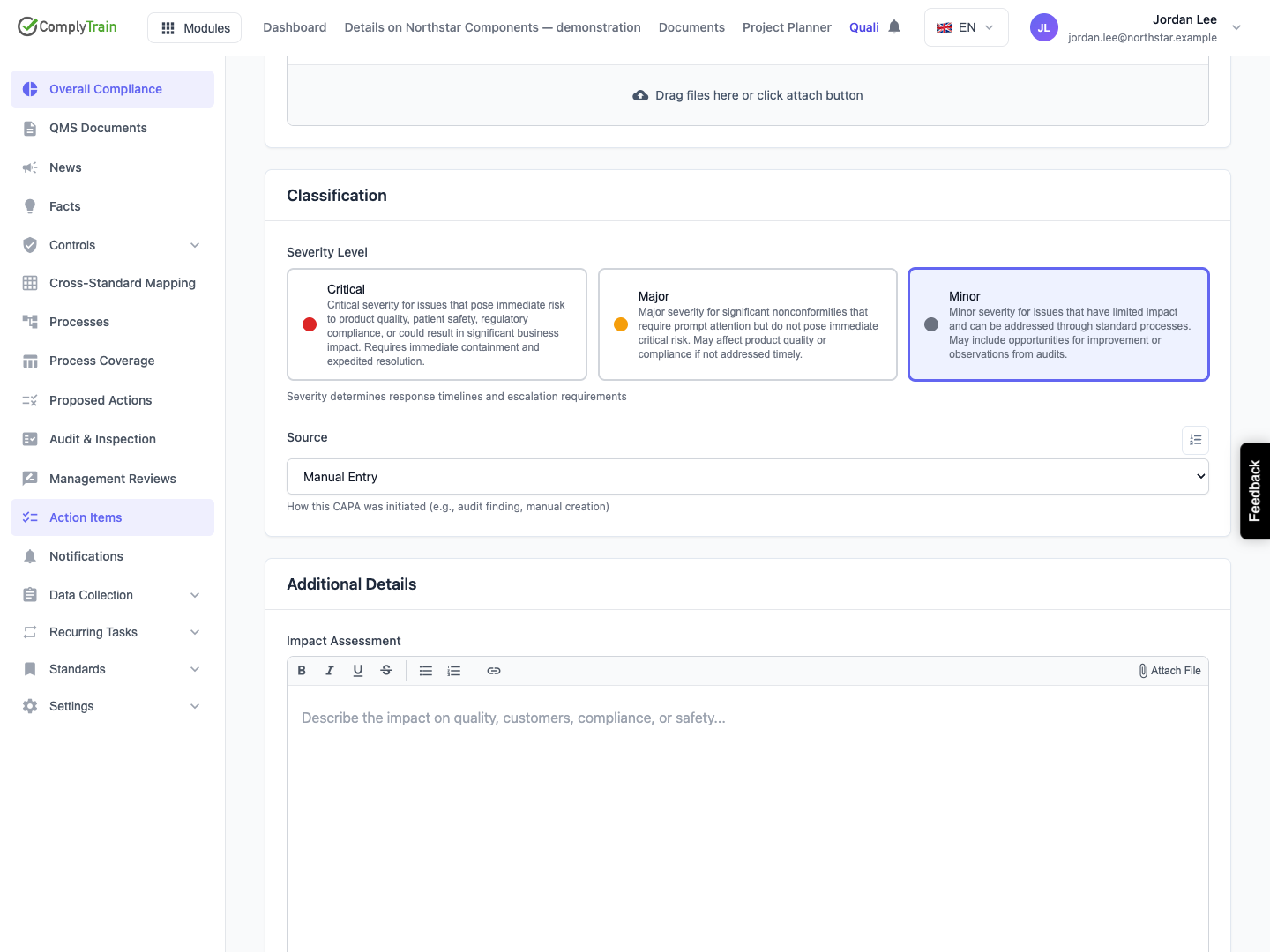 Choose severity and source deliberately Minor and Manual Entry are selected. The impact field is empty; further date and tag fields are lower on the form.