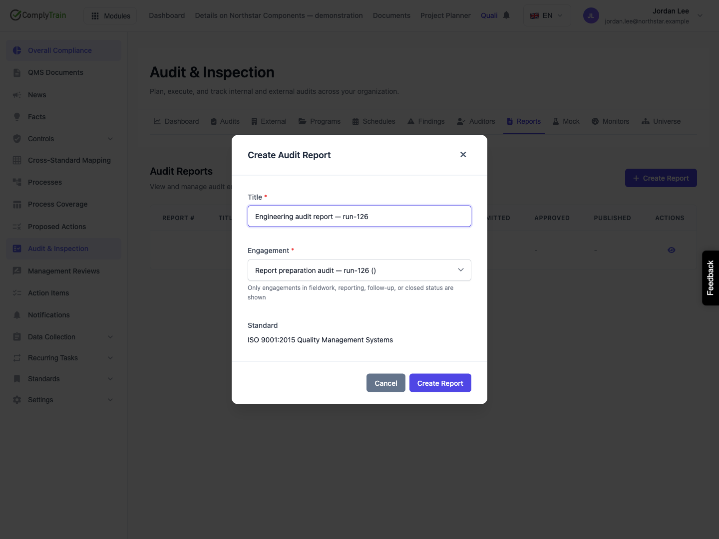 Check the resolved standard before saving The report title and engagement are filled. ISO 9001 is automatically resolved as the single audited standard.