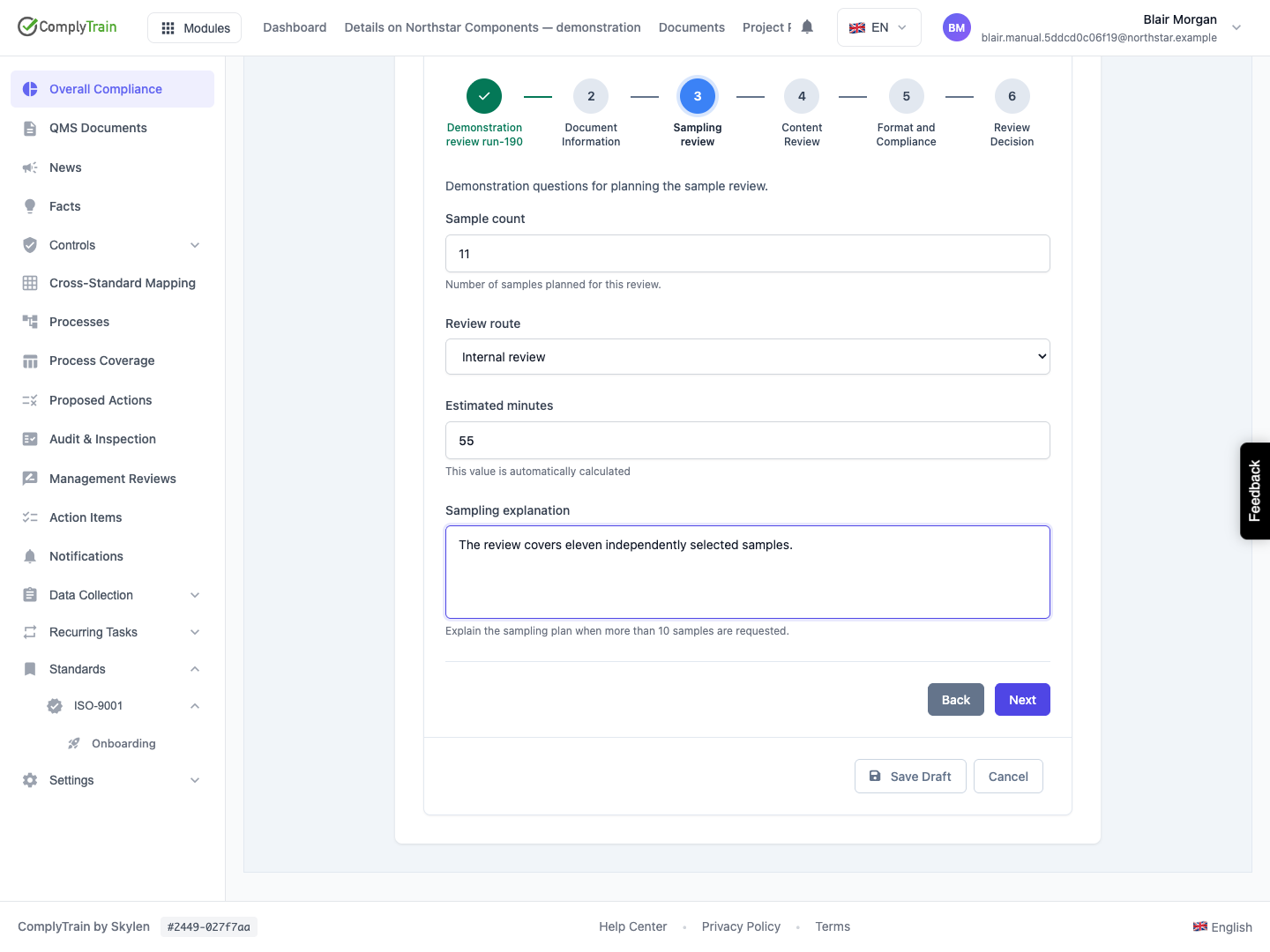 Inspect the respondent experience In the Sampling review step, 11 samples produce 55 estimated minutes and the explanation question is visible.