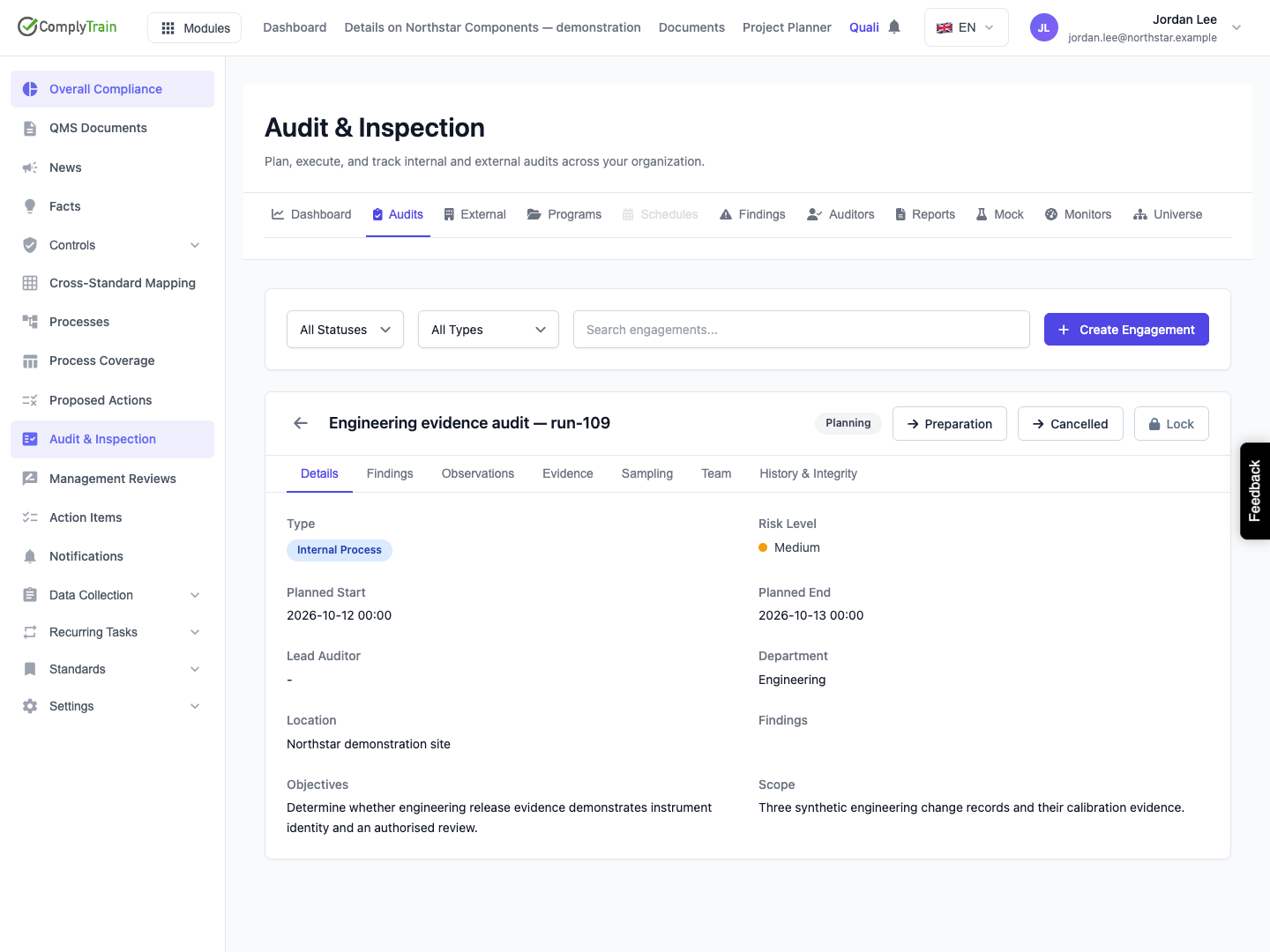 Inspect the saved engagement The reopened engagement is Planning with its dates and objectives. Lead Auditor remains blank despite the earlier selection.