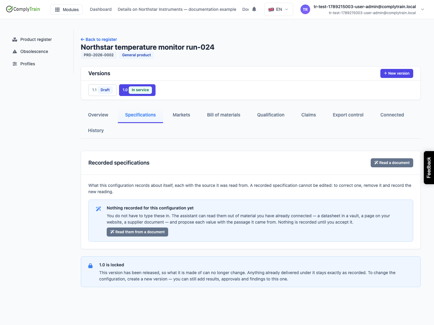 Understand a locked configuration with no recorded specifications Version 1.0 is in service and locked. Nothing has been recorded in its specification panel; reading a source still requires reviewed acceptance.