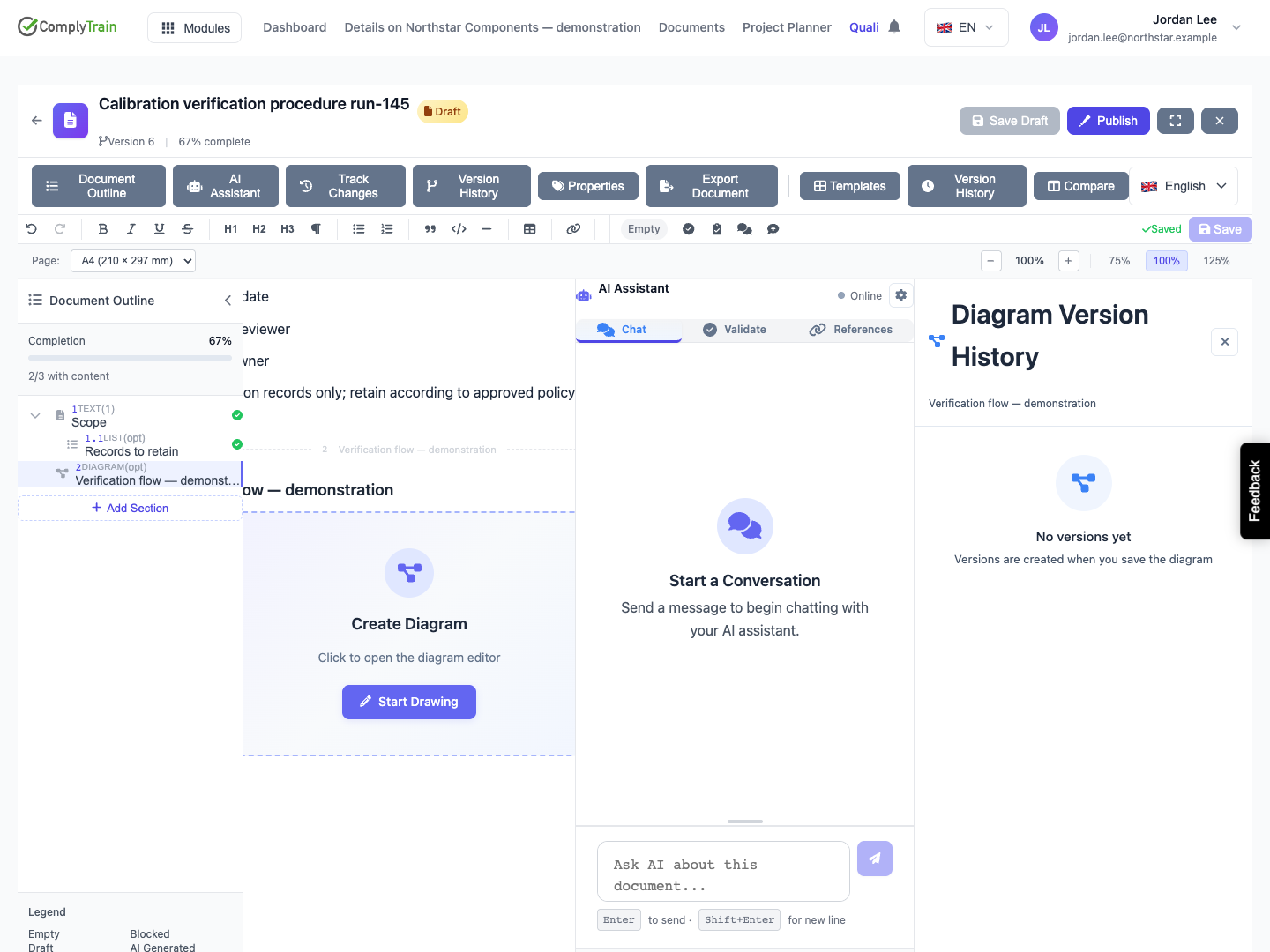 A new diagram has no history records The panel names the selected diagram. The second Version History button opens this distinct timeline.