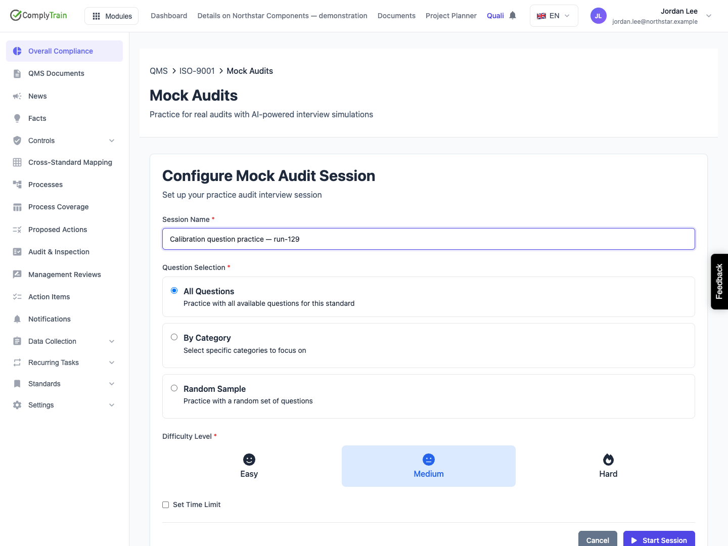 Review the initial setup choices The standard workspace supplies context. The filled form initially selects All Questions, Medium difficulty and no time limit.